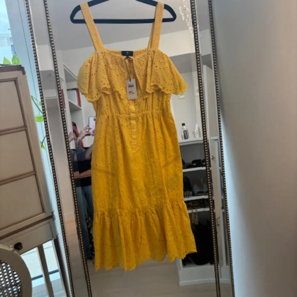 NWT "7 4 all mankind" eyelet  Mid length Yellow Summer Dress, Size Small - Picture 3 of 7
